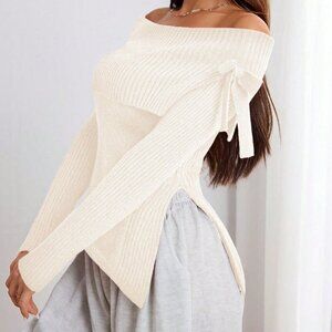 Beige Casual Women's Plain Off-Shoulder Long Sleeve Form-Fitting Sweater